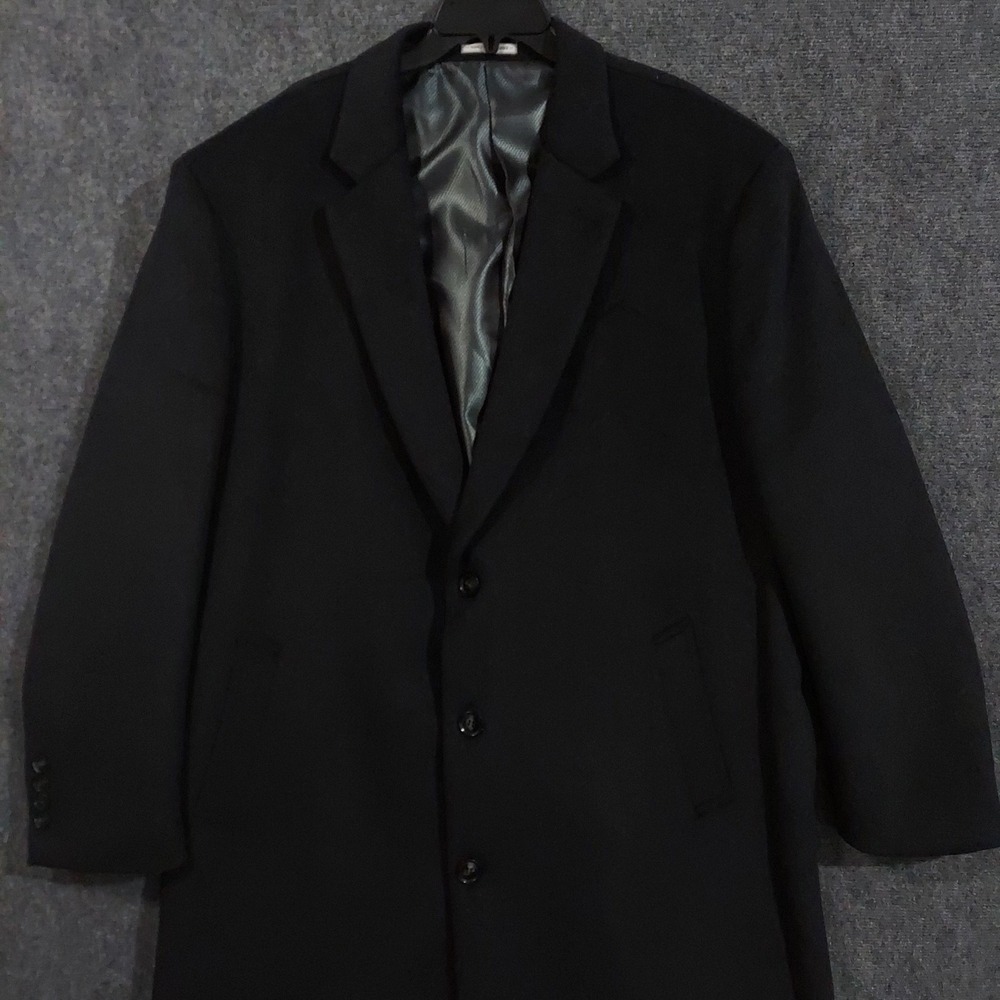 Vinci Philosophy Coat Mens Large Black Long Overcoat‎ Trench 3 Button Wool Blend